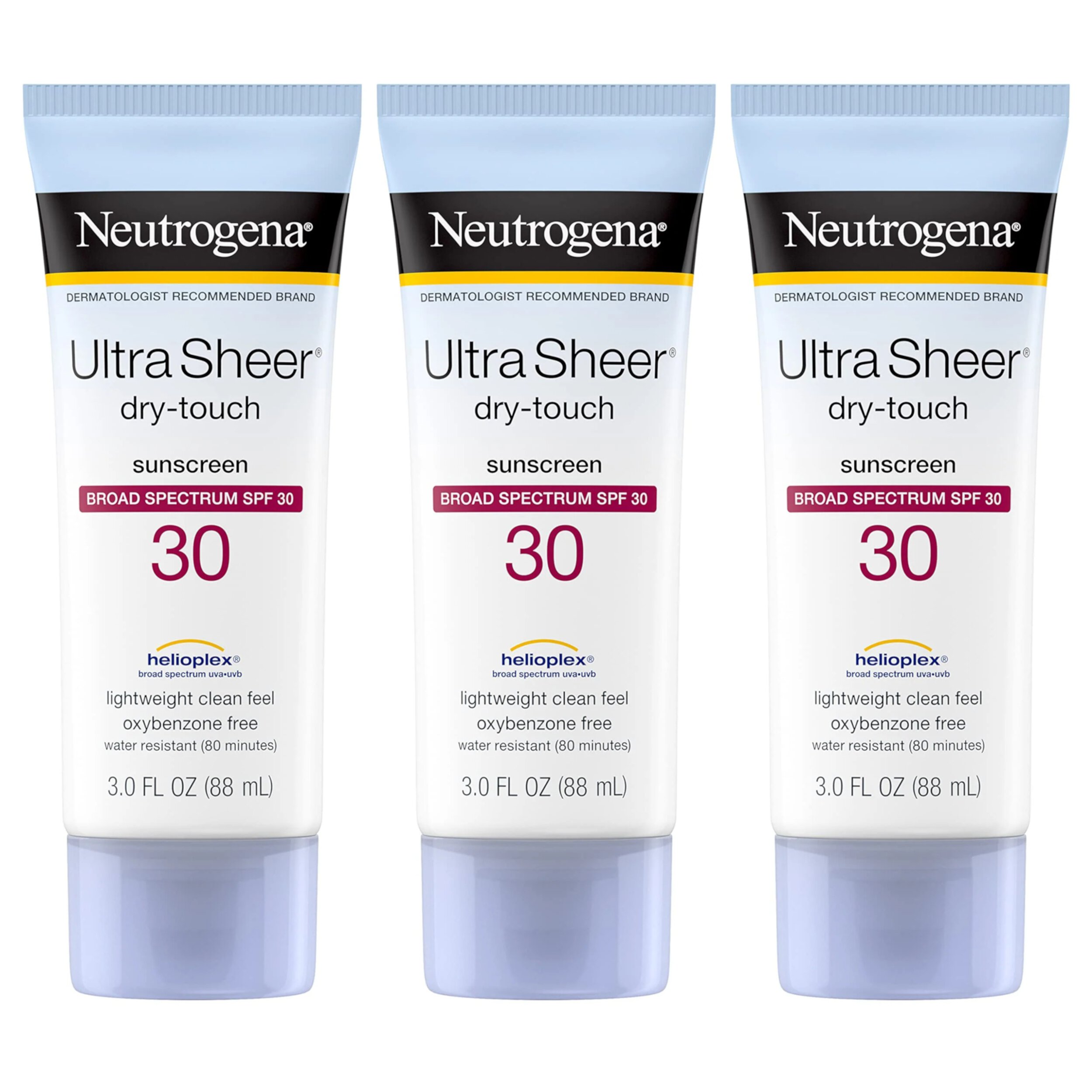 Neutrogena Ultra Sheer Dry-Touch Sunscreen Lotion, Broad Spectrum SPF 30 UVA/UVB Protection, Oxybenzone-Free, Water Resistant, Non-Comedogenic, Non-Greasy, Travel Size, 3 Fl Oz, Pack of 3 Unknown