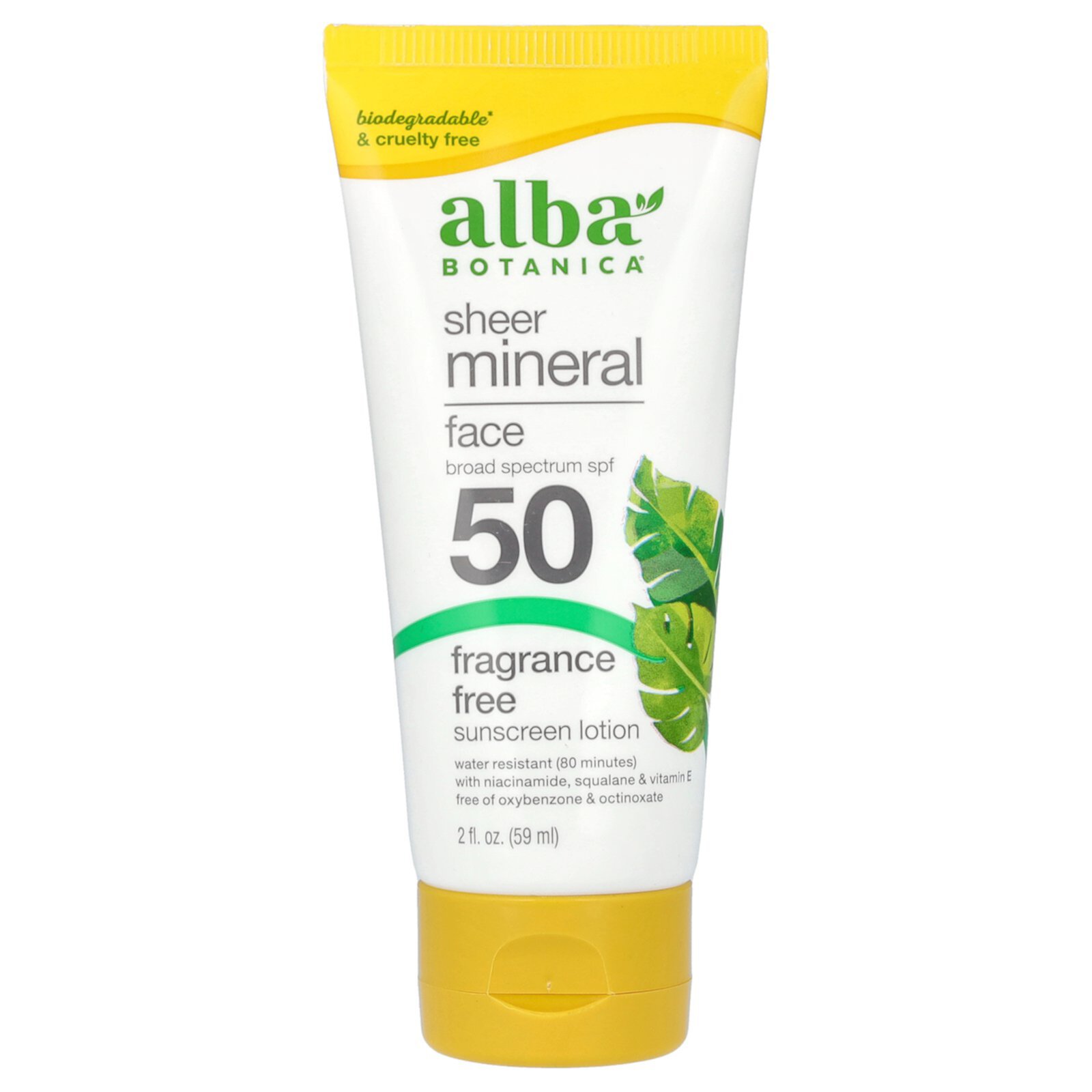 Alba Botanica Sheer Mineral Face Sunscreen Lotion, SPF 50, Fragrance Free, 2 fl oz (59 ml) Alba Botanica