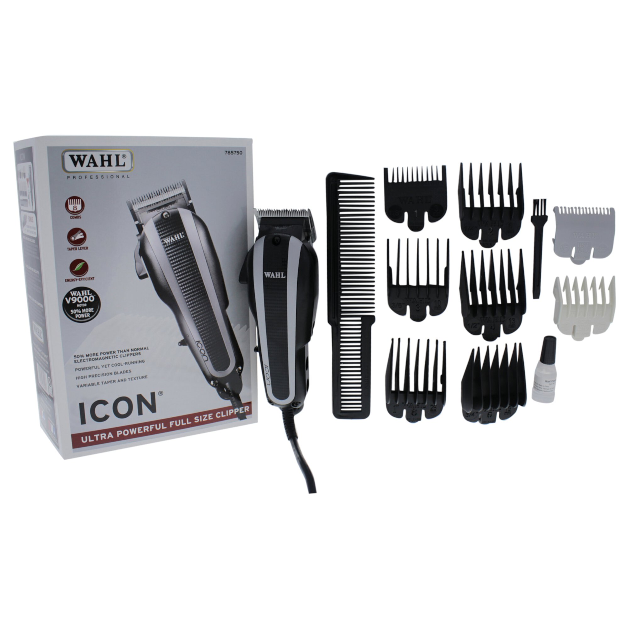 WAHL Professional Icon Ultra Powerful Full Size Clipper - Model # 8490-900 - Black/Silver - 1 Pc Clipper Wahl