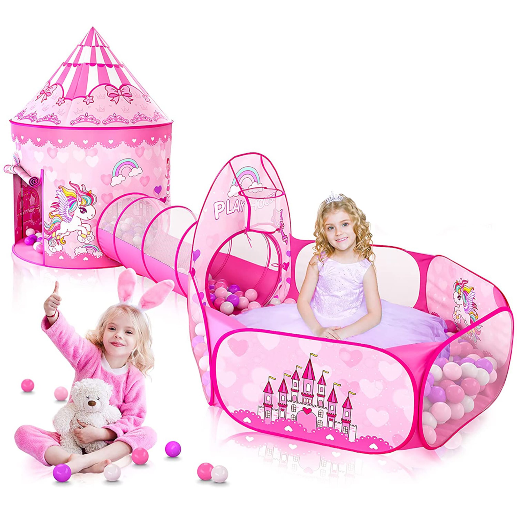 Wilwolfer Kids Tunnel Tent for Girls with Baby Ball Pit for Toddlers Indoor Outdoor Polyester Toys(Pink) Wilwolfer