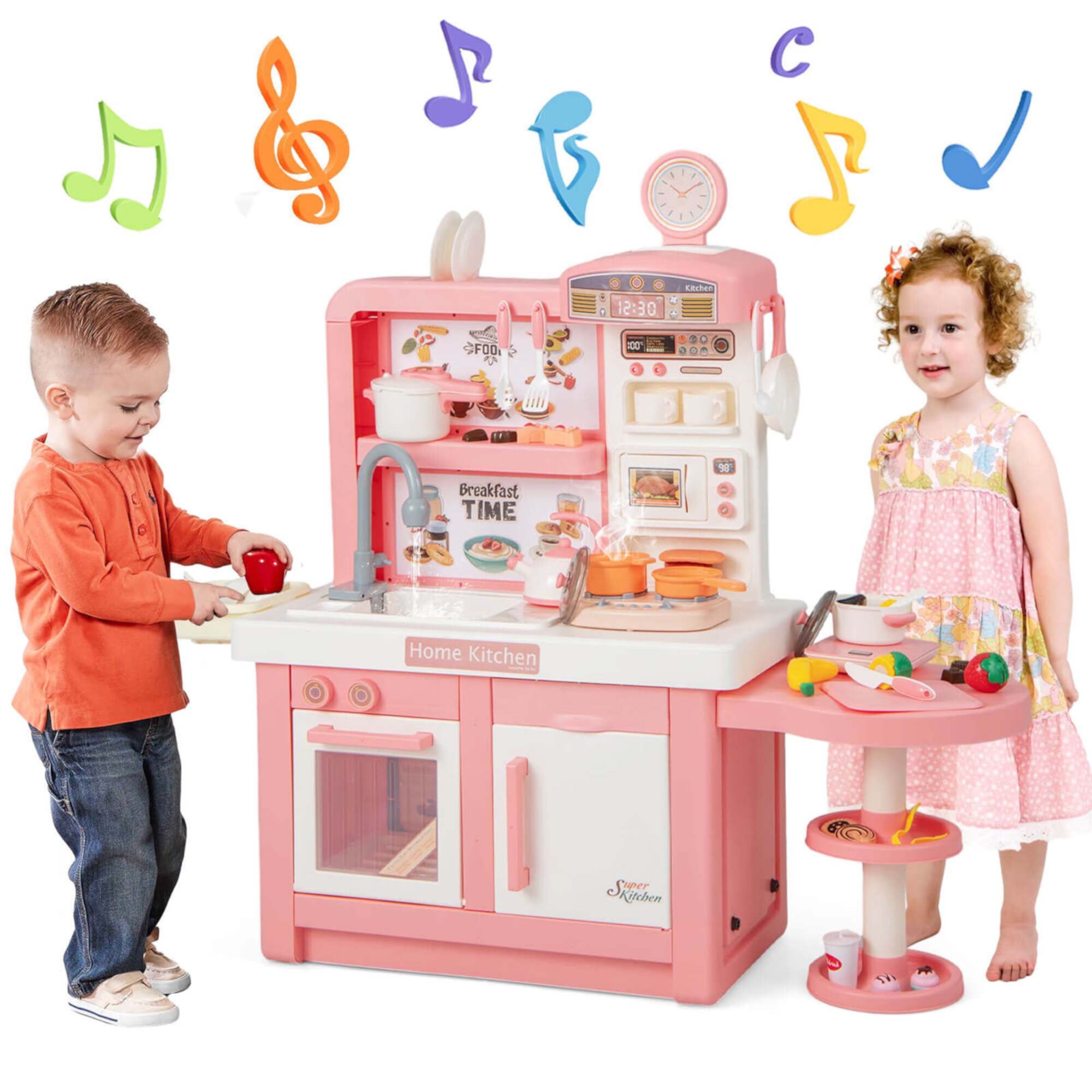 Costway Kids Pretend Kitchen Playset Role Play Kitchen Play Toy with Sink Oven Microwave Pink Costway