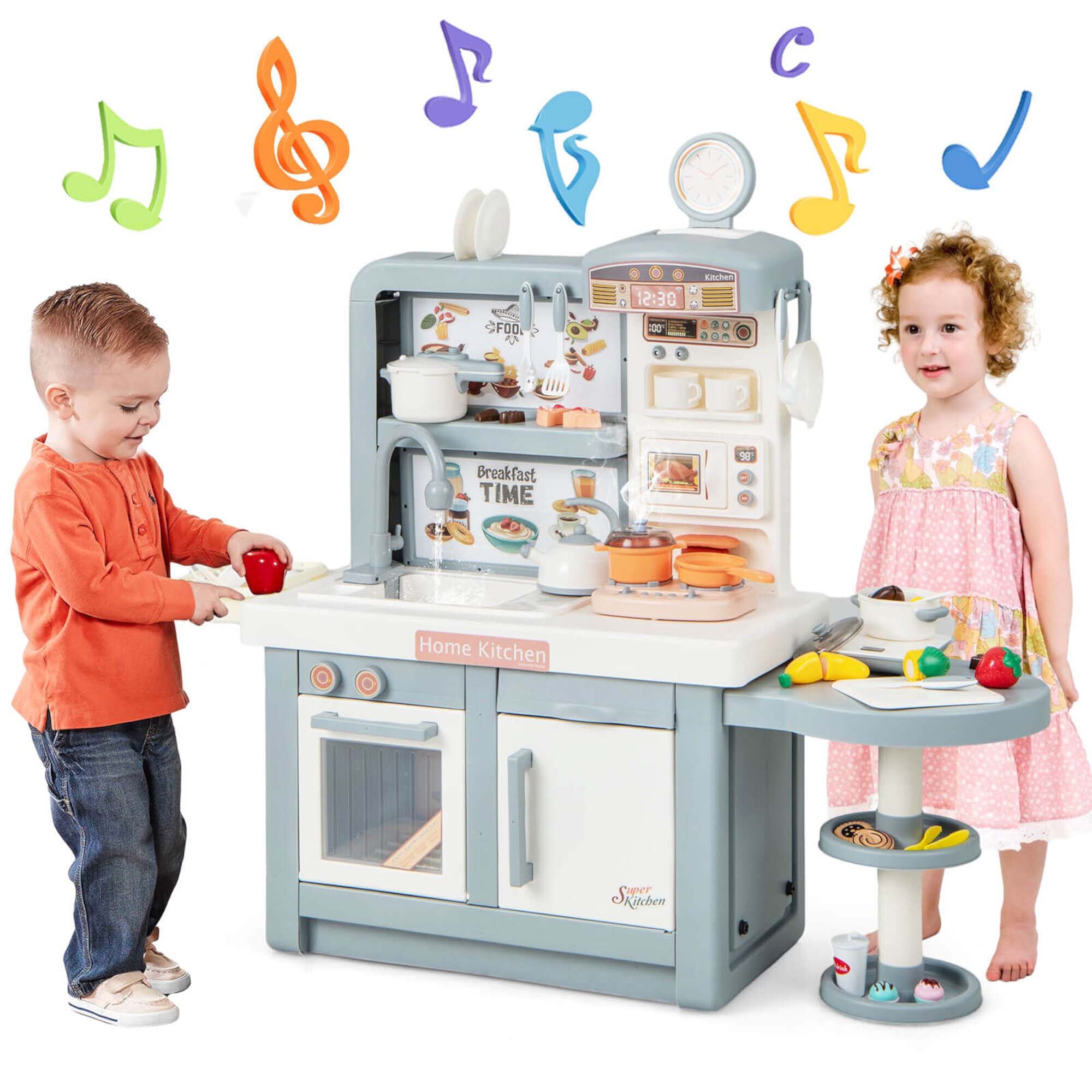 Costway Kids Pretend Kitchen Playset Role Play Kitchen Play Toy with Sink Oven Microwave Grey Costway