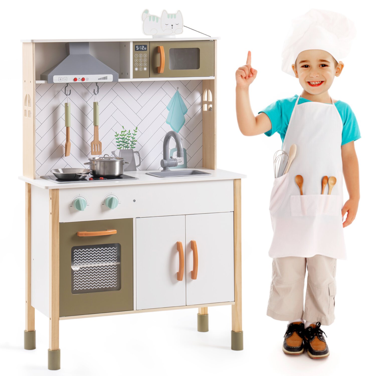 Robud Pretend Play Wooden Play Kitchen Set for Toddlers Kids, Large Kitchen with Lights and Sounds,Toys for Girls Boys Ages 3-8,White ROBUD