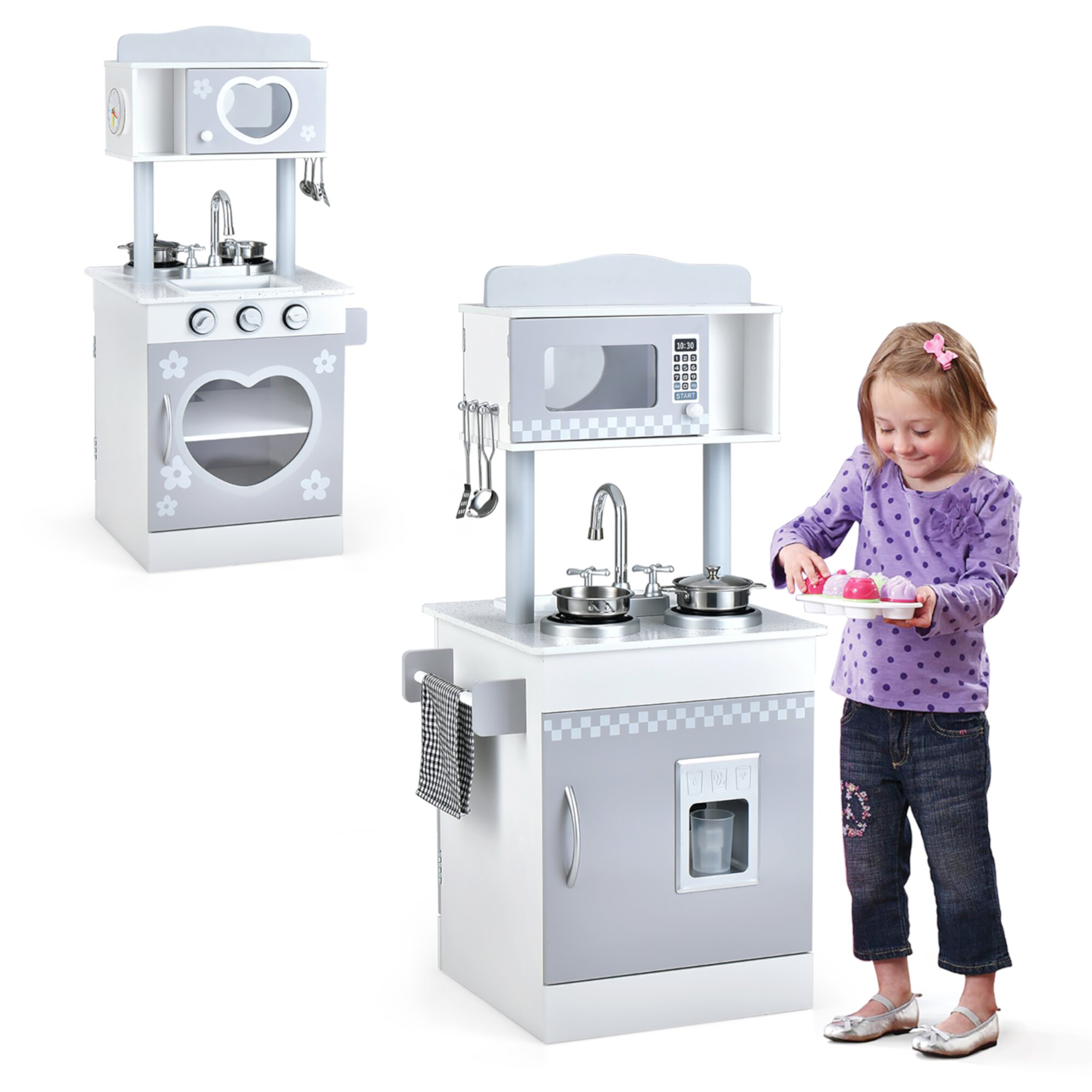 Costway Kids Kitchen PlaySet Pretend Wooden Play Kitchen with IceDispenser&Stovefor Toddler Costway