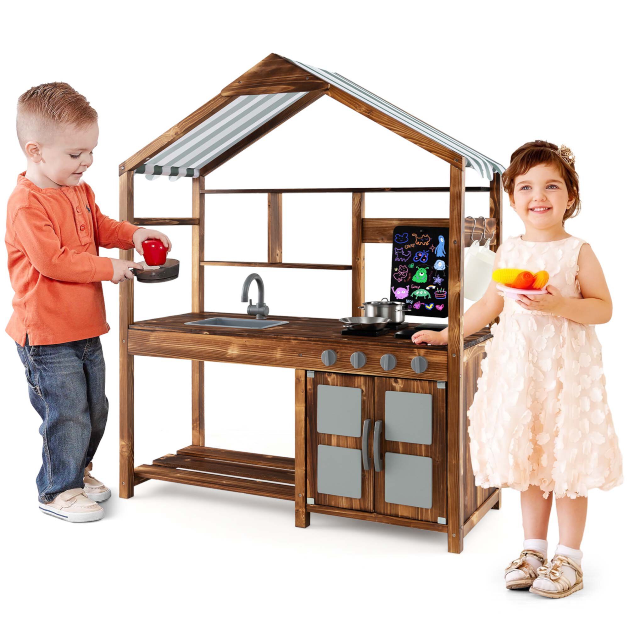 Costway Wooden Mud Kitchen with Chalkboard, Stoves, Removable Sink & Accessories Natural Costway