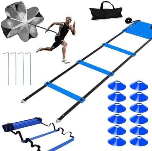 Agility Ladder,20ft Agility Ladder,Speed Ladder, Soccer Ladder Training Set, with 12 Training Cones and Resistance Parachute- Blu Xinxiang