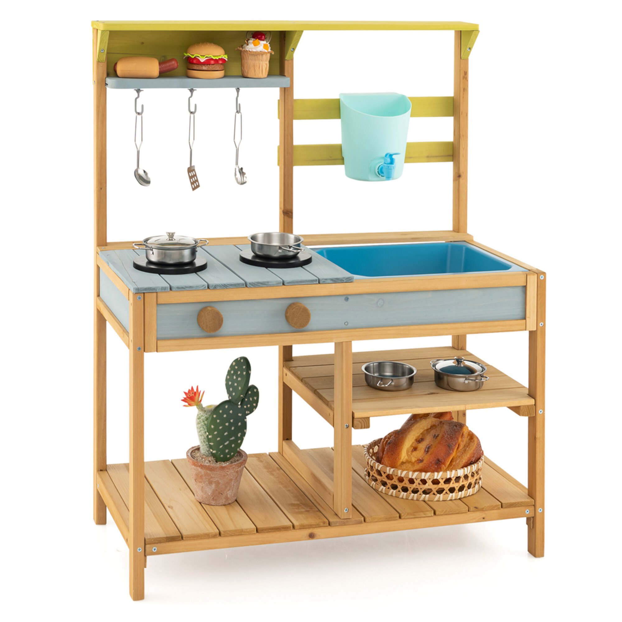 Costway Wooden Play Kitchen Set, Outdoor Kid's Mud Kitchen with Faucet & Water Box Costway