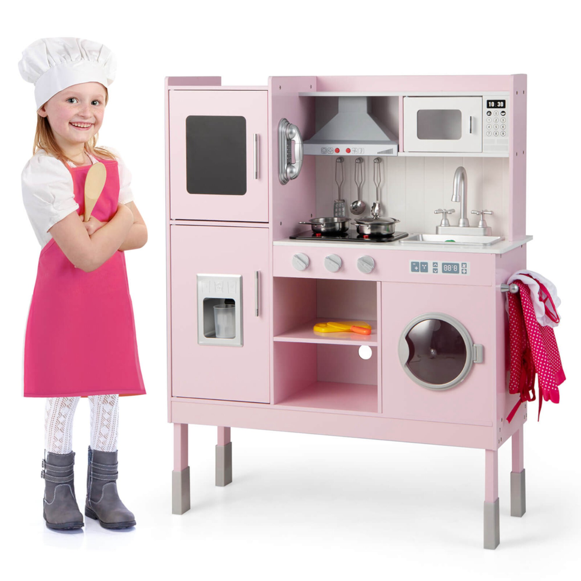 Costway Kids Pretend Kitchen Play Set Toddler Toy Wooden Chef Height Adjustable with Sounds Costway