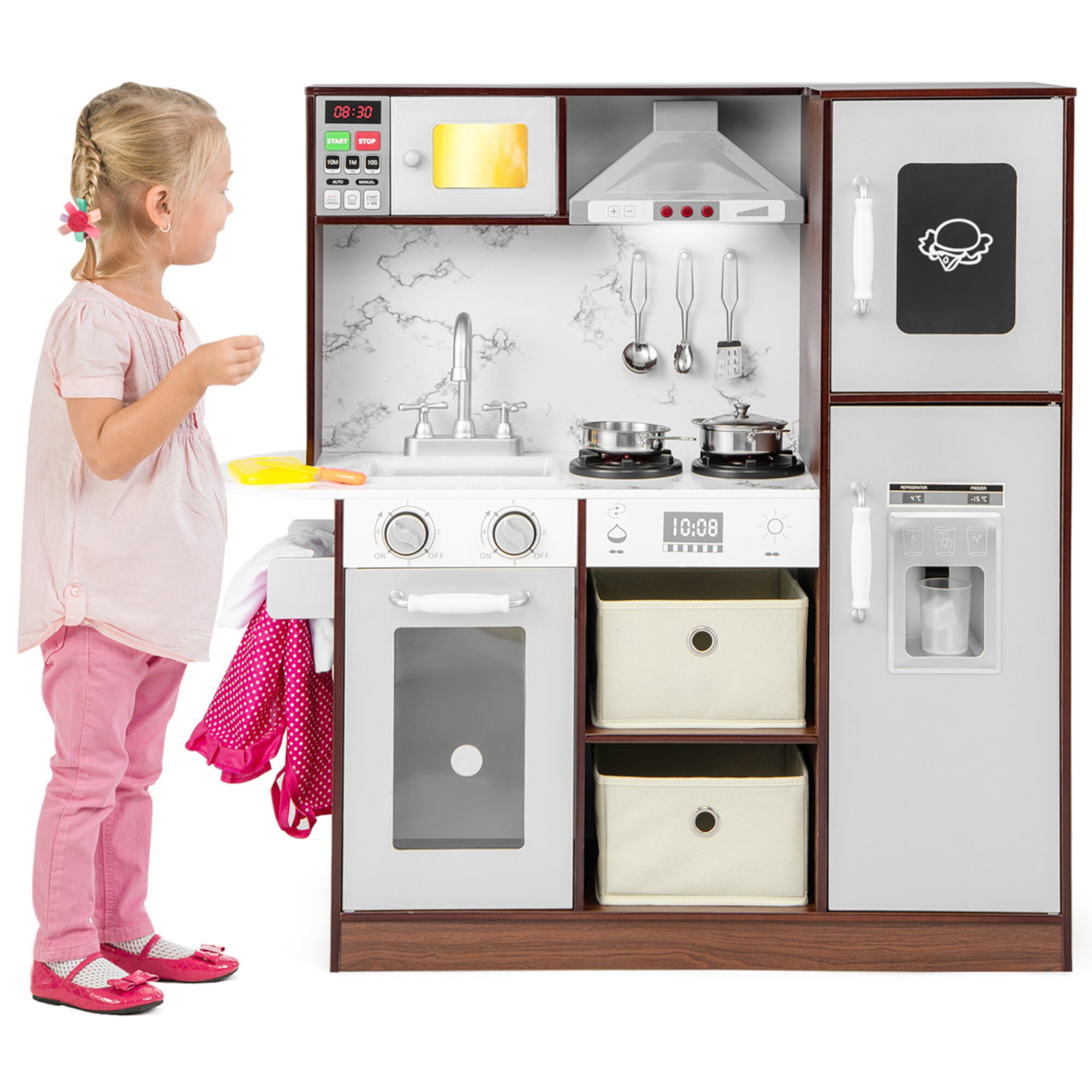 Gymax Kids Kitchen Playset w/Attractive Lights & Sounds Range Hood Microwave Ice Maker GYMAX