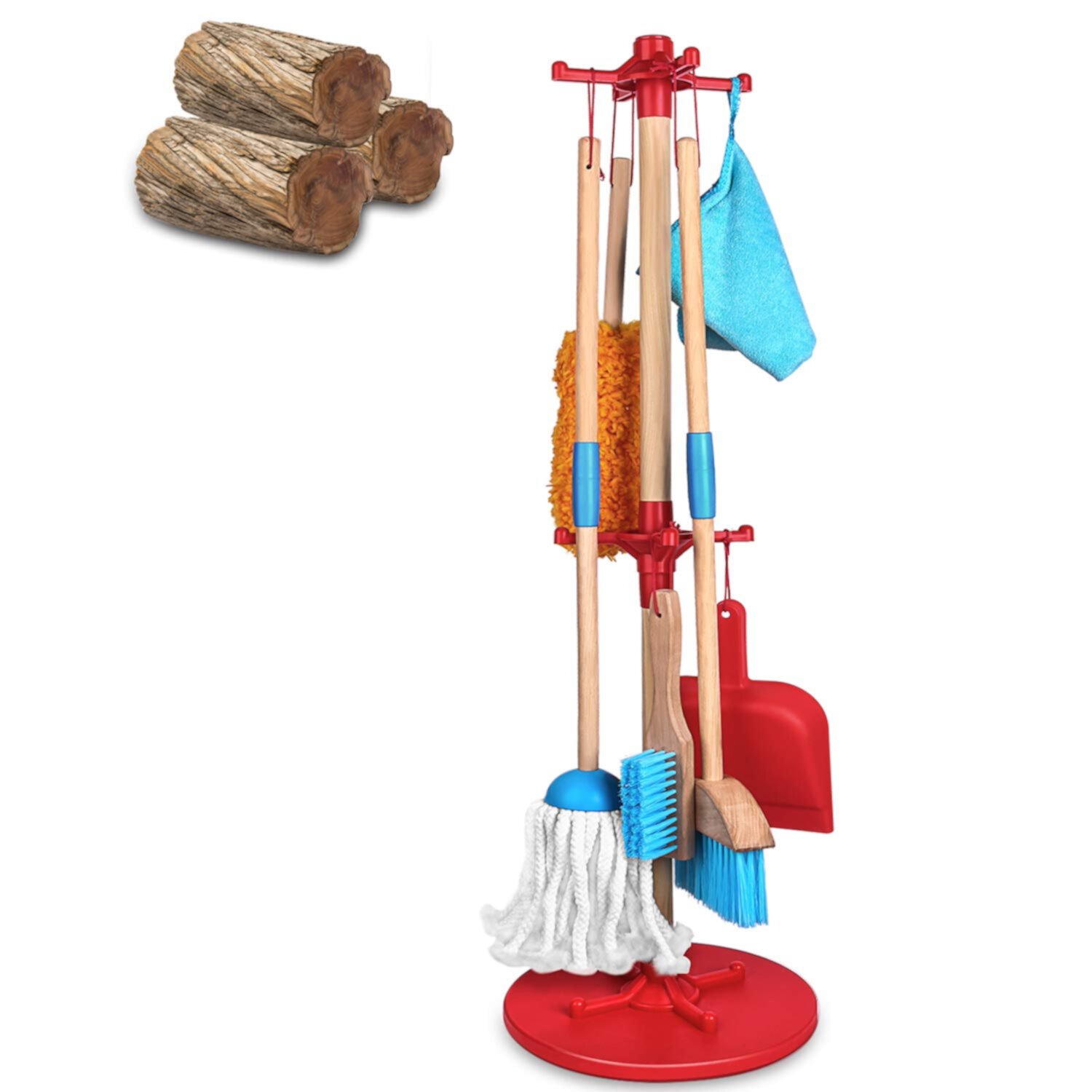 AOKESI 7 Piece Kids Cleaning Set, Wooden Detachable Cleaning Toys Includes Broom Dustpan Mop Brush Duster Rag and Hanging Stand, Pretend Play Housekeeping Tools Gift for Girls Boys, Red AOKESI