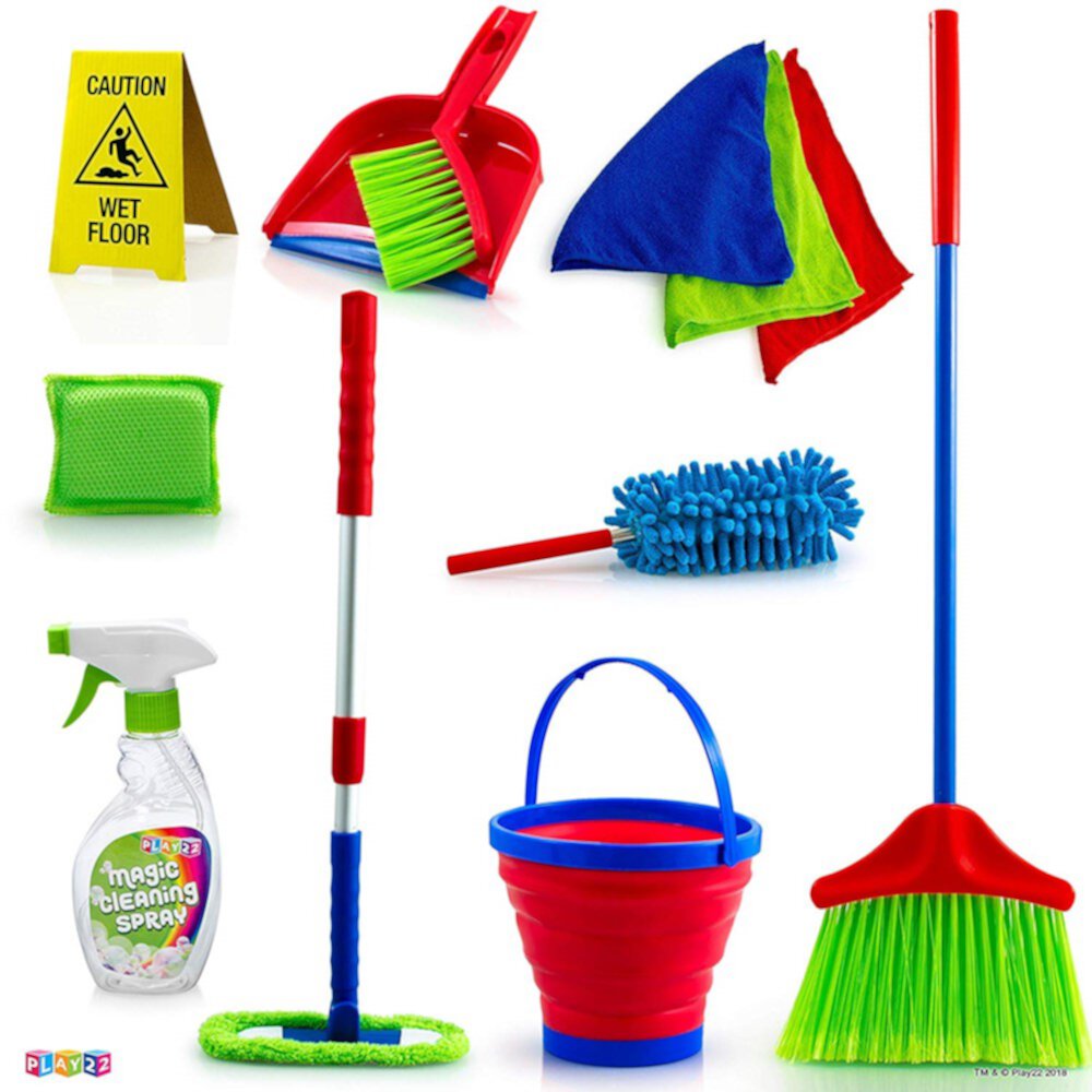 Kids Cleaning Set 12 Piece - Toy Cleaning Set Includes Broom, Mop, Brush, Dust Pan, Duster, Sponge, Clothes, Spray, Bucket, Caution Sign, - Toy Kitchen Toddler Cleaning Set - Original Play22