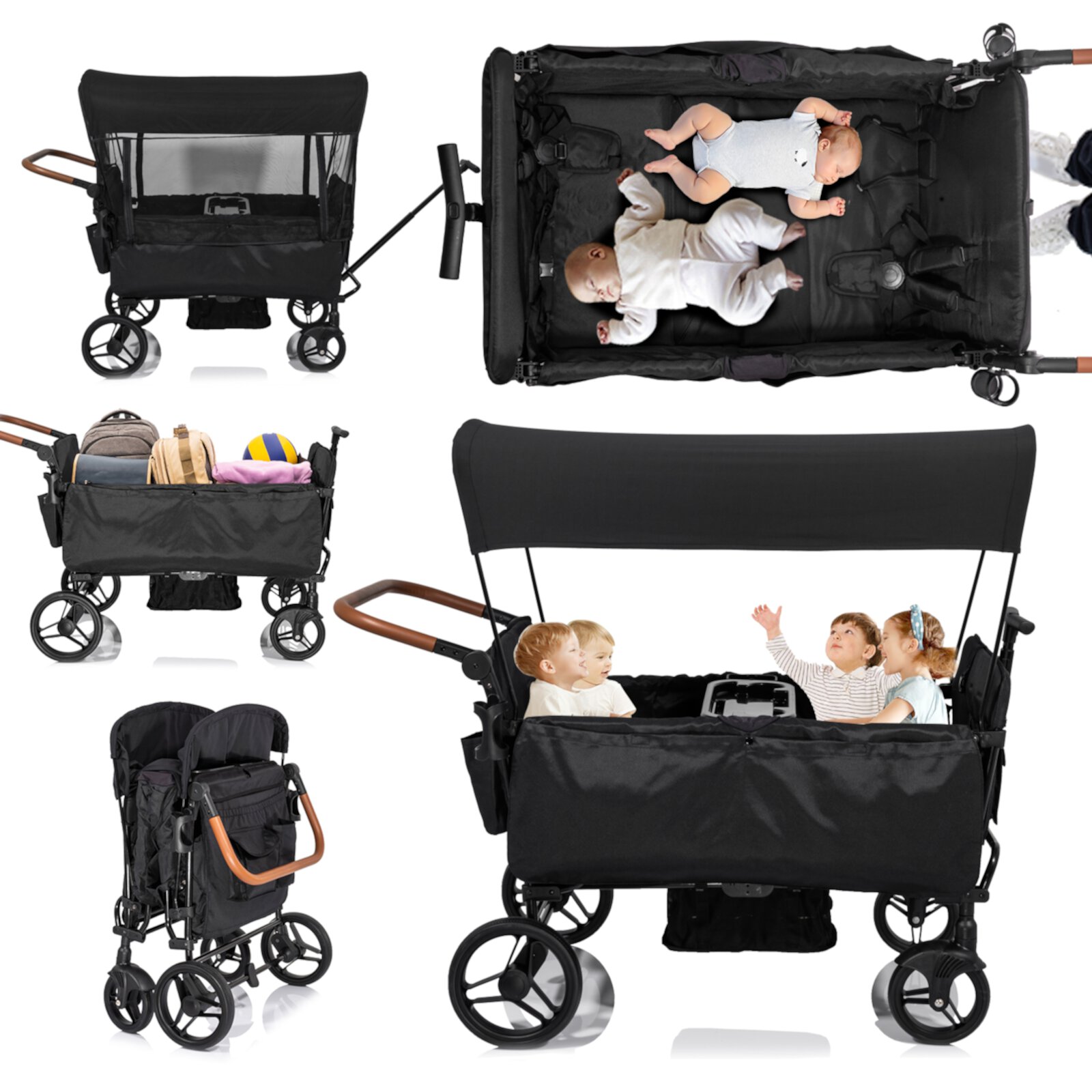 Wagon Stroller for 4 kids-Tandem Twins Travel Stroller Push-Pull Lightweight Folding Stroller for Newborn&Toddler with 5-Point Harness,Adjustable Handle Bar and Canopy,Footwells,Tray Table,Cup Holder Funyard