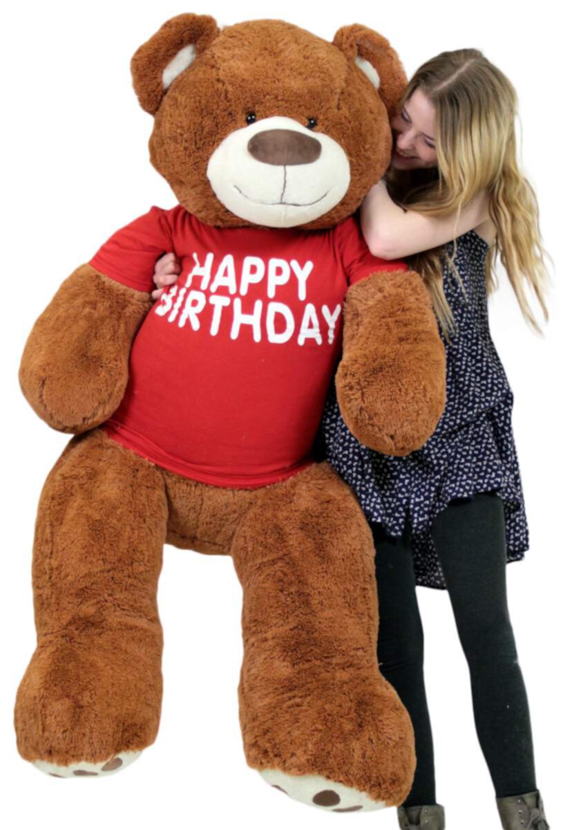 Happy Birthday 5 Foot Big Plush Giant Teddy Bear Soft Cinnamon Color Wears Tshirt Big Plush