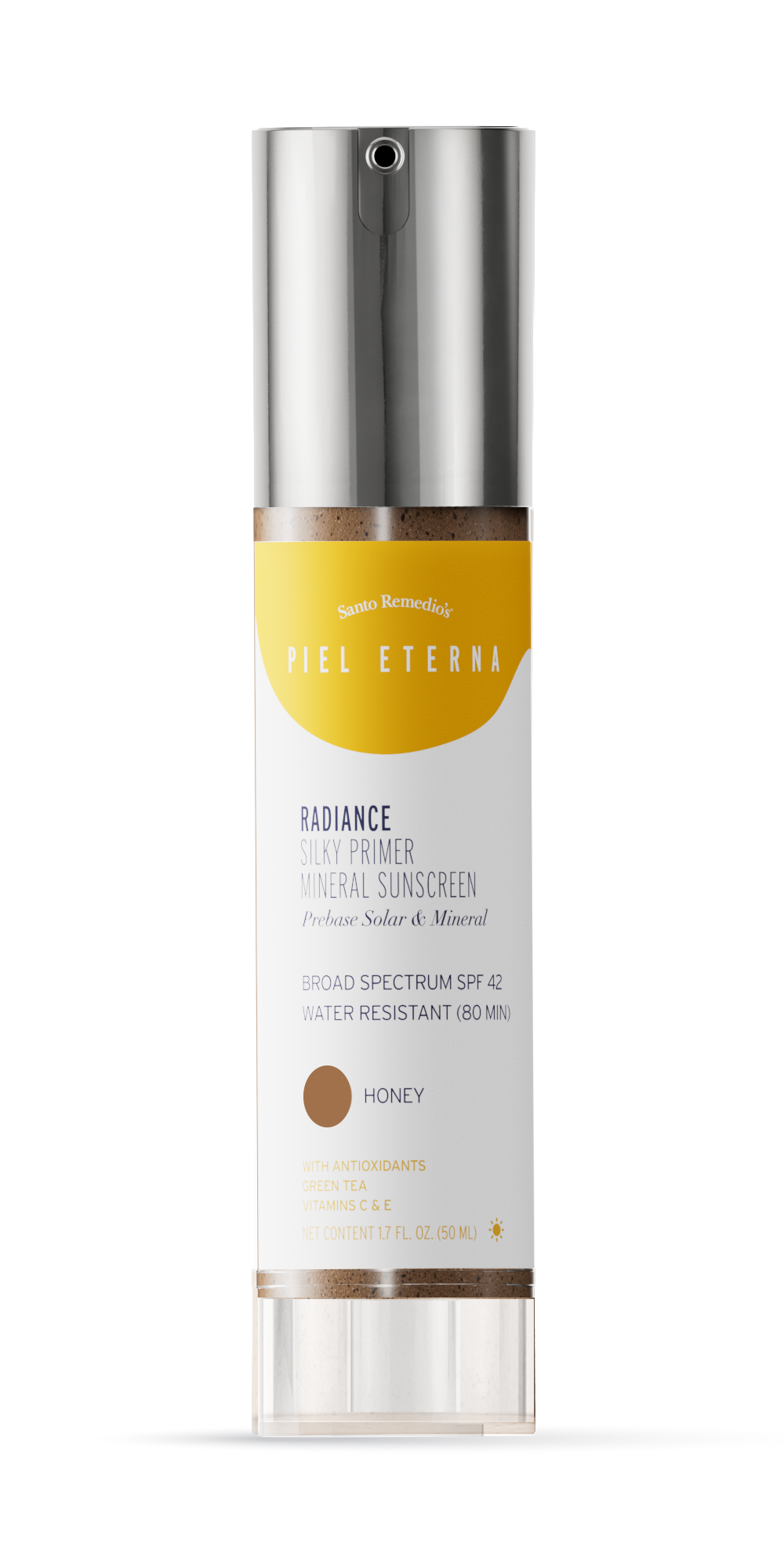 Santo Remedio, Piel Eterna, RADIANCE Silky Primer Mineral Sunscreen with SPF 42 (1.7 Fl Oz), Tinted Broad Spectrum Protection with Antioxidants and Vitamin C, Honey Tone Piel Eterna