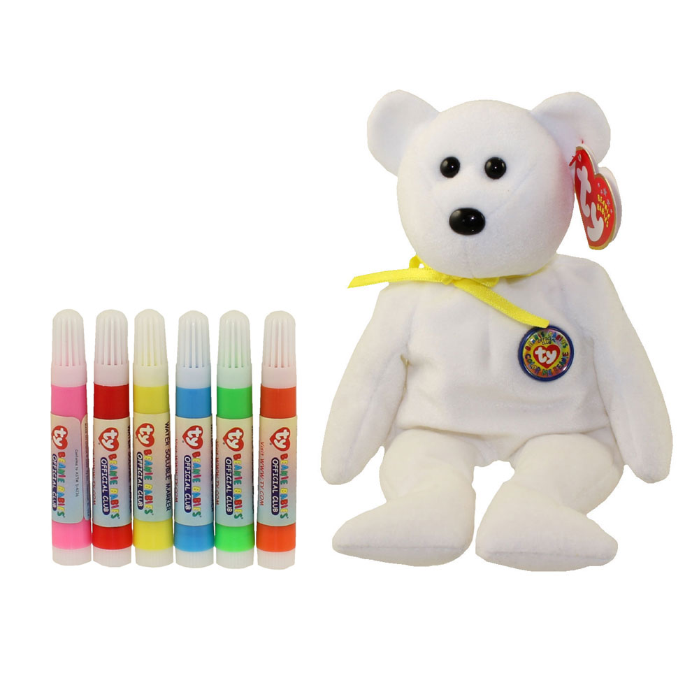 TY Beanie Baby - COLOR ME TEDDY BEAR w/ markers (Yellow Ribbon) (7.5 inch) TY