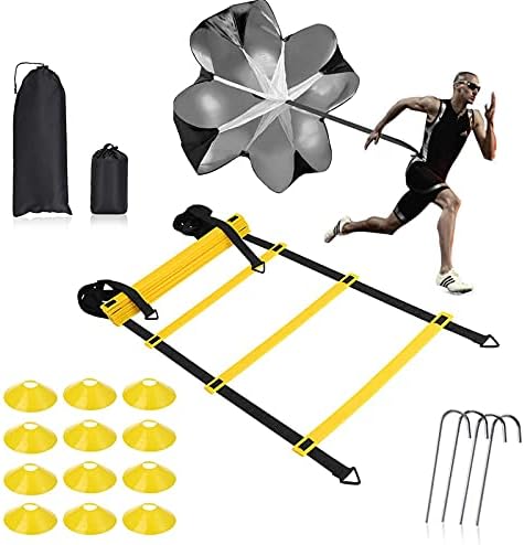 Speed Ladder Agility Training Set - 12 Rung 20Ft Agility Ladder, 12 Field Cones, 4 Steel Stakes, Resistance Parachute with Carrying Bag for Soccer Basketball Football Boxing Footwork Sports Training N.Max