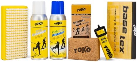 TOKO Ski Touring Essentials Kit - Skinproof, Skin Cleaner, Natural Wax (40g), Natural Cork, Nylon Brush, Base Tex, and a Ski Touring Strap Toko