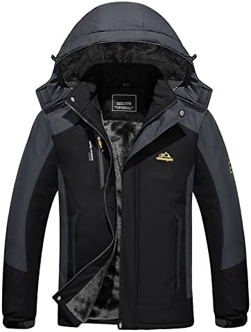 TACVASEN Ski Jacket for Men Winter Warm Windproof Rain Jacket Hooded Snow Coat Black Grey, M TACVASEN