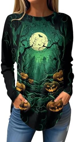 Halloween Shirt for Women Long Sleeve Crewneck T-Shirt Scary Bat Printed Graphic Tunic Tops to Wear with Legging Generic