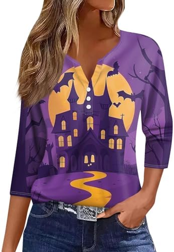 Halloween Shirts for Women 2024 3/4 Sleeve Button Up V-Neck Henley Shirt Trendy Halloween Themed Letter Printed Tee Generic