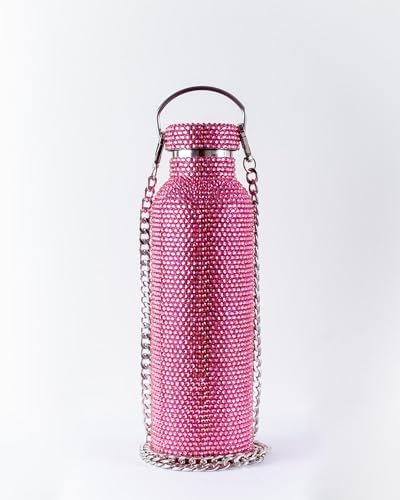 Diamond Water Bottle Bling Rhinestone, Stainless Steel Thermal Bottle Refillable, Water Bottle Glitter with Chain for Women Girls Gifts Pink Rose (750ml) Generic