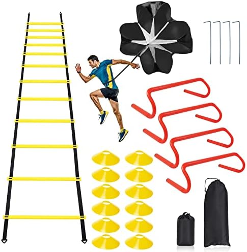 Speed & Agility Ladder Training Equipment Set, Includes 12 Rung 20ft Agility Ladder, 4 Agility Hurdles,12 Disc Cones, 1 Resistance Parachute for Training Football Soccer Basketball Athletes Rainmae