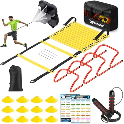 Agility Ladder Speed Training Equipment Set-20ft Agility Ladder,12 Soccer Cones,4 Hurdles, Jump Rope, Running Parachute| Basketball Football Soccer Training Equipment for Kids Youth Adults X-Umeus