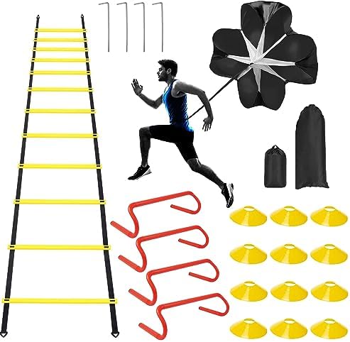 Professional Agility Ladder Speed Training Equipment Set-20ft Agility Ladder,12 Soccer Cones, 4 Agility Hurdles, Running Parachute, Suitable for Soccer Football Basketball Training Yexexinm