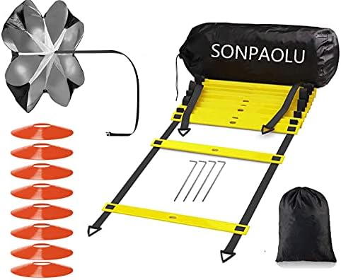 Agility Ladder & Speed Cones Training Set, for Speed Agility Training & Quick Footwork Exercise -Includes Agility Ladder with Carrying Bag, 4 Pegs,Resistance Parachute & 8 Sports Cones. Sonpaolu