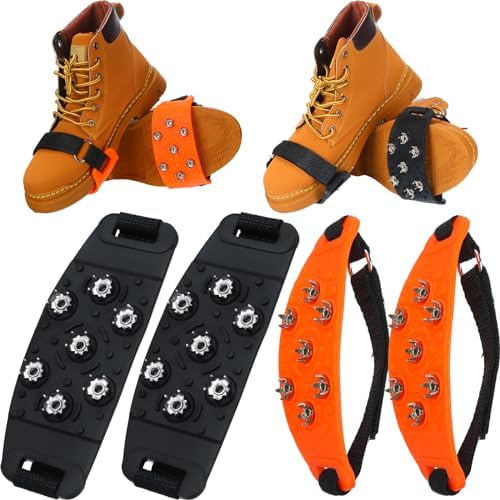 Chuarry 2 Pair 7 Point Crampon Traction Crampons Spikes Cleats Anti-Skid Traction Grips for Shoes and Boots Walking, Hiking (Black, Orange) Chuarry