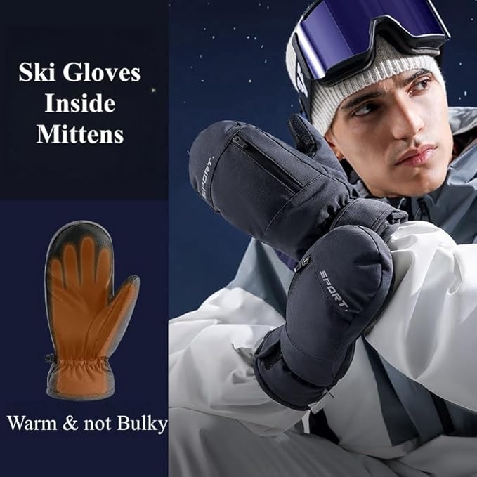 Waterproof Ski Mittens Ski Glove for Women Men Youth Winter Cold Weather Snow Gloves with Hands Warmer Zipper Pocket JJZS