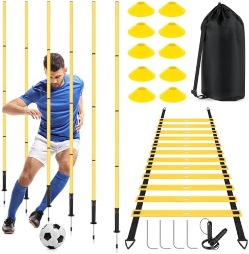 Soccer Agility Training Equipment: 6 Soccer Agility Poles, 20ft Agility Ladder, 10 Soccer Cones, 1 Jump Rope. Soccer Training Poles for Speed Training, Agility Training Smtpdt