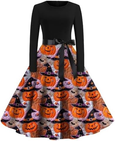 Vintage Halloween Printed Dress for Women Long Sleeve Gothic A-Line Party Dress with Belt Fall Dresses 2024 Generic