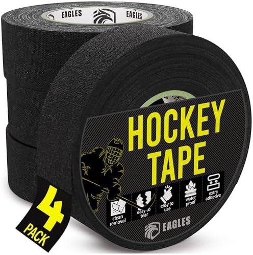 EAGLES 4 Pack Black Hockey Tape Roll for Stick, Blade & Handle, Multipurpose Cloth Over Grip for Lacrosse Baseball Bat, Wrap for Pull Up Bars, Barbells, Dumbbells, Gym Equipment, Tools EAGLES