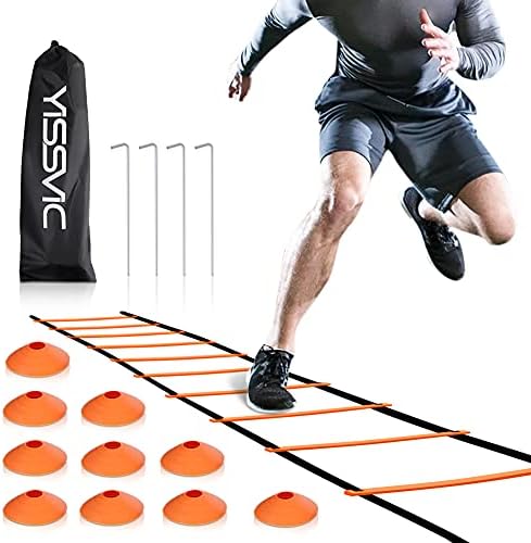 YISSVIC Agility Ladder and Cones 20 Feet 12 Adjustable Rungs Fitness Speed Training Equipment,1 Carry Bags, 10 Cones, 4 Stakes, Basketball, Soccer Yissvic