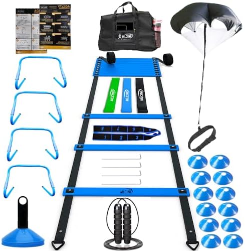 Agility Ladder 1 Agility Training Equipment 1 Resistance Parachute 4 Adjustable Hurdles 12 Disc Cones 1 Jump Rope 3 Resistance Band 1 Yoga Band Agility Speed Training Equipment for Youth&Adults Mlcini