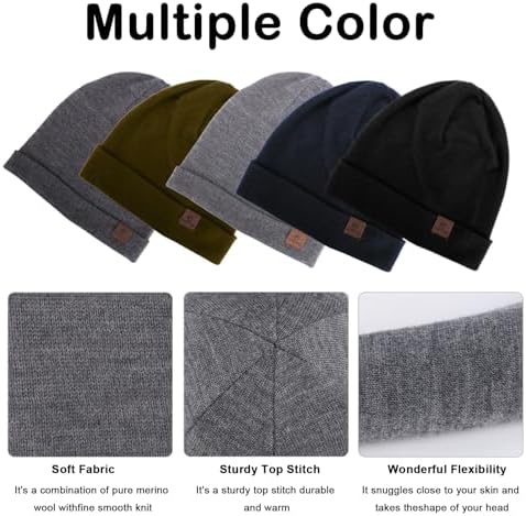 XXL Oversize Mens 100% Merino Wool Beanie Hat, Warm Winter Knit Wool Cap for Women Men Large Size Stretchy Cuff Hat CHUANGLI