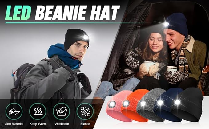 Unisex Beanie with Light, USB Rechargeable LED Headlamp Hat, Christmas Stocking Stuffers Gifts Warm Knitted Cap for Men Women Dad Mom Black&Gray MOXTOYU