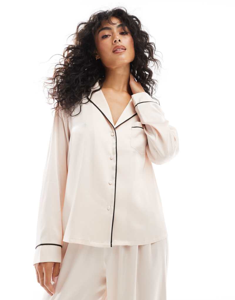 ASOS DESIGN satin long sleeve shirt & pants pajama set in pink ASOS DESIGN