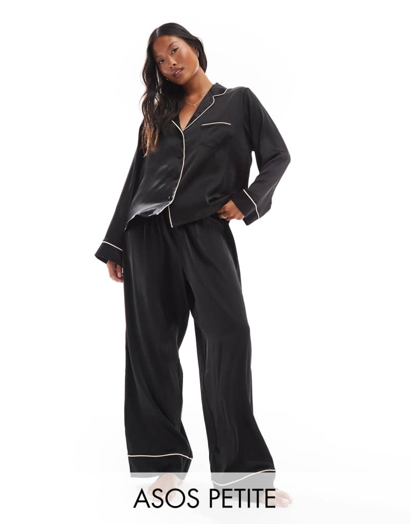 ASOS DESIGN Petite satin long sleeve shirt & pant pajama set in black ASOS Petite