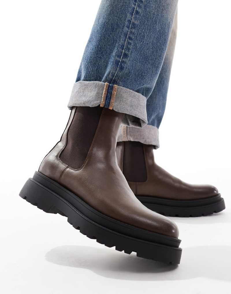 ASOS DESIGN high chelsea boots in brown with chunky sole ASOS DESIGN