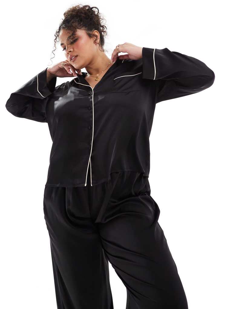 ASOS DESIGN Curve satin long sleeve shirt & pant pajama set in black ASOS Curve