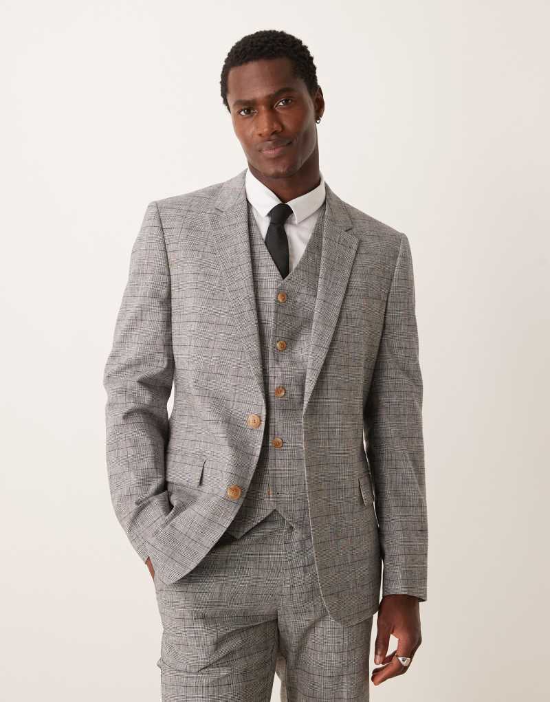 ASOS DESIGN new skinny linen mix suit jacket in gray prince of wales plaid ASOS DESIGN