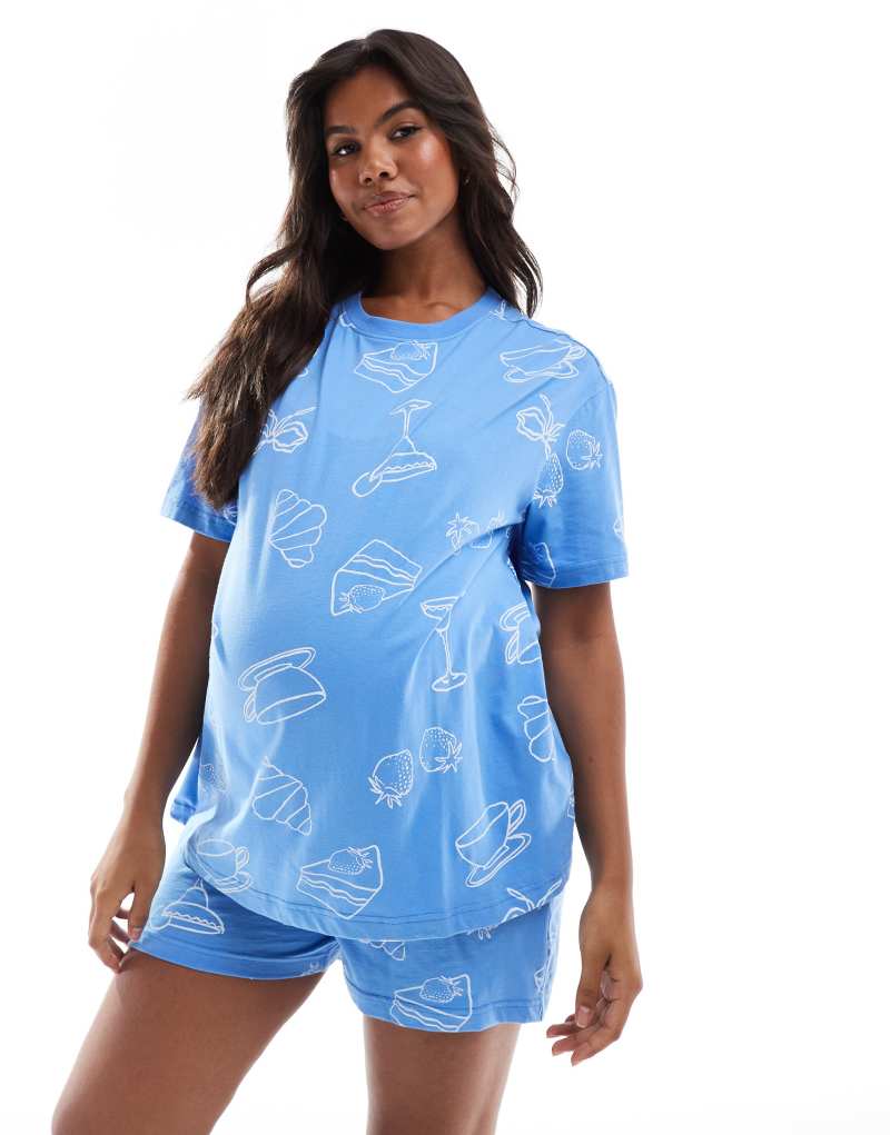 ASOS DESIGN Maternity brunch oversized tee & shorts pajama set in blue ASOS Maternity