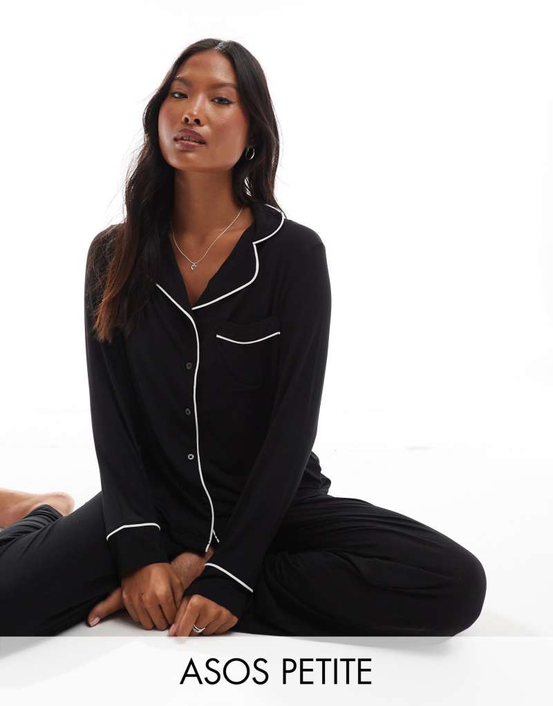 ASOS DESIGN Petite super soft long sleeve shirt & pants pajama set with contrast piping in black ASOS Petite