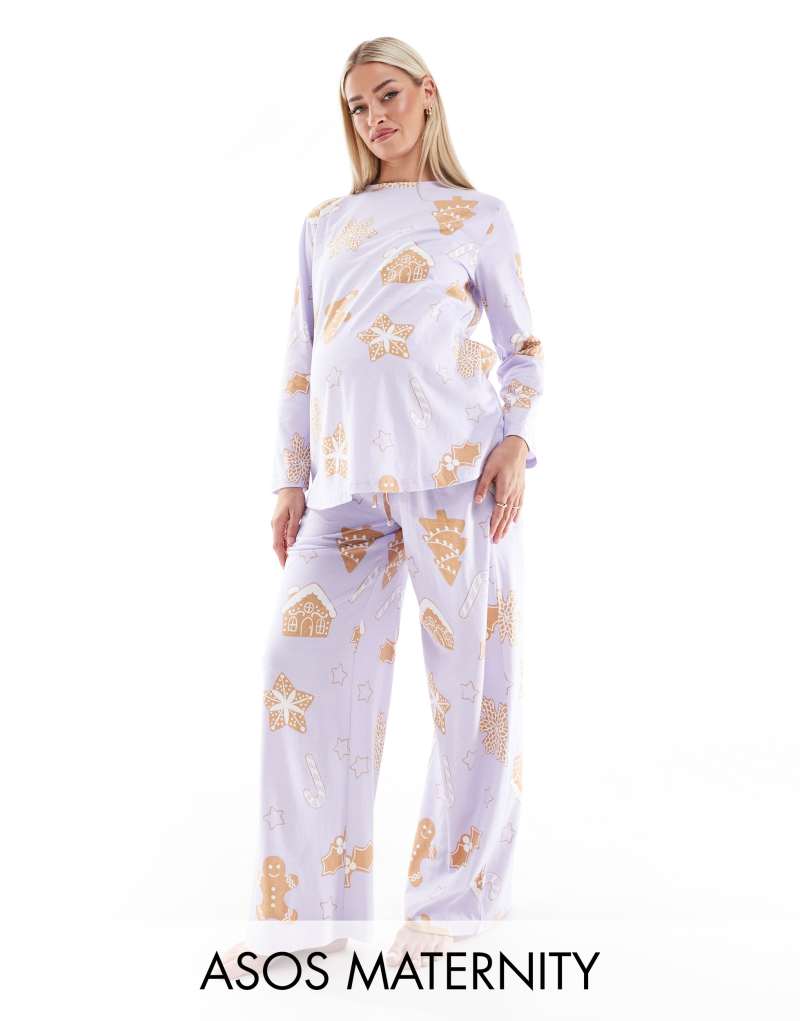 ASOS DESIGN Maternity gingerbread house long sleeve top & pants pajama set in purple ASOS Maternity