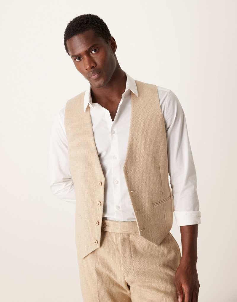 ASOS DESIGN skinny suit vest with wool in beige puppytooth ASOS DESIGN