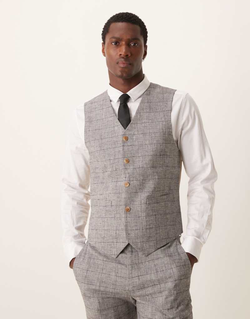 ASOS DESIGN new skinny linen mix suit vest in gray prince of wales plaid ASOS DESIGN