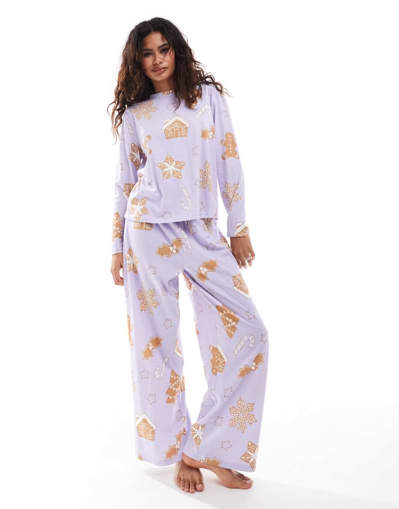 ASOS DESIGN gingerbread house long sleeve top & pants pajama set in purple ASOS DESIGN