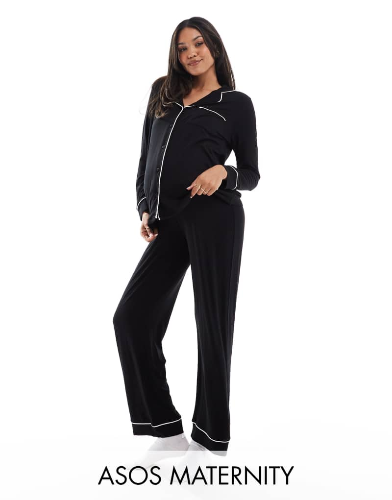 ASOS DESIGN Maternity super soft long sleeve shirt & pants pajama set with contrast piping in black ASOS Maternity